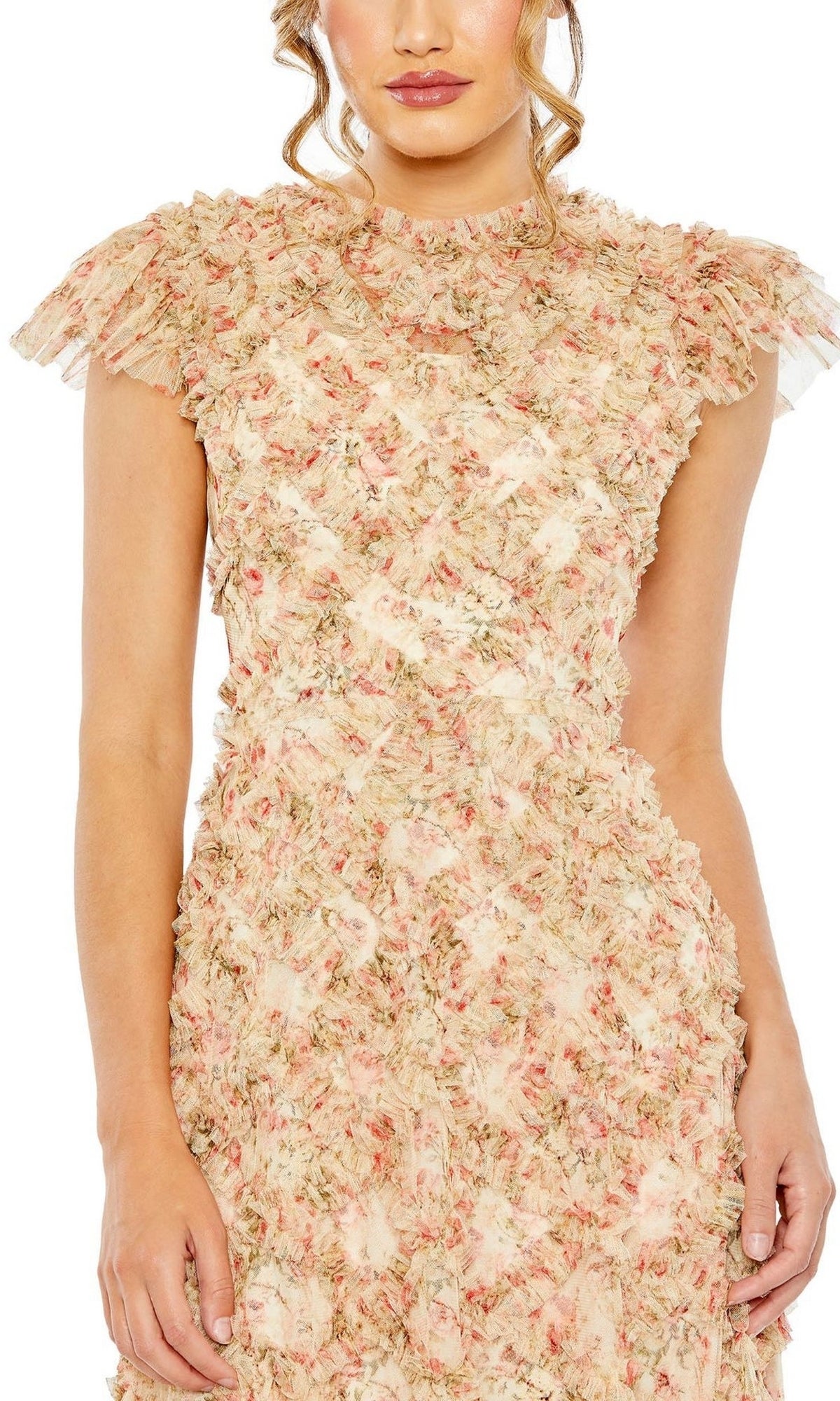 Woman in the Mac Duggal 8060 Cap-Sleeve Wedding Guest Dress, featuring a textured floral print and ruffled shoulder details, shown from mid-face to thighs.